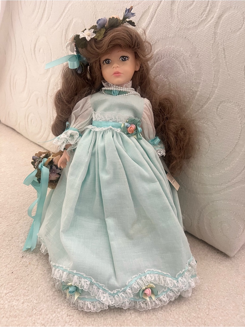 Vintage Collectible Mint Green Porcelain Doll Floral Headpiece BasketCollectible